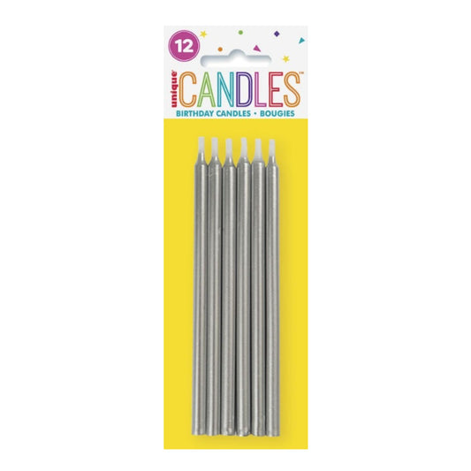 Tall Candles Metallic Silver 12pcs